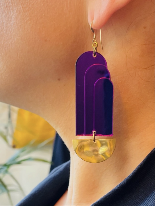 Beautiful Art Deco Purple foundation acrylic earrings with brass base