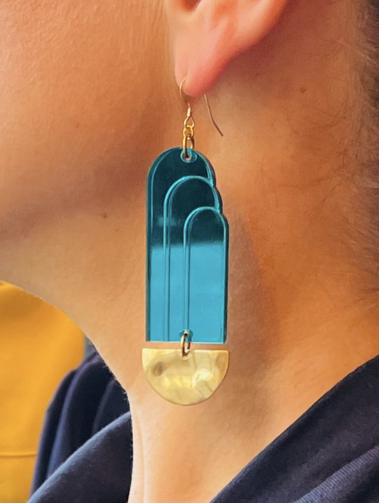 Beautiful Art Deco Blue foundation acrylic earrings with brass base.