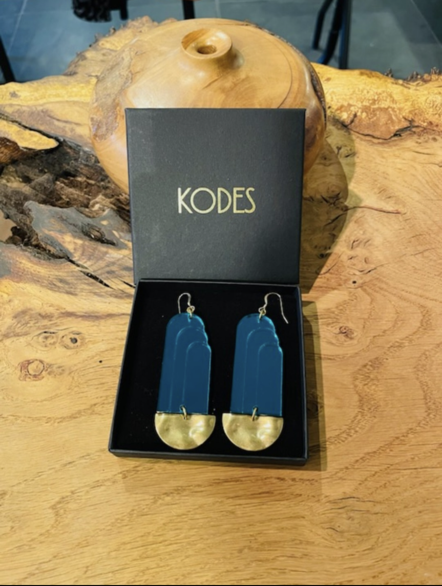 Beautiful Art Deco Blue foundation acrylic earrings with brass base.