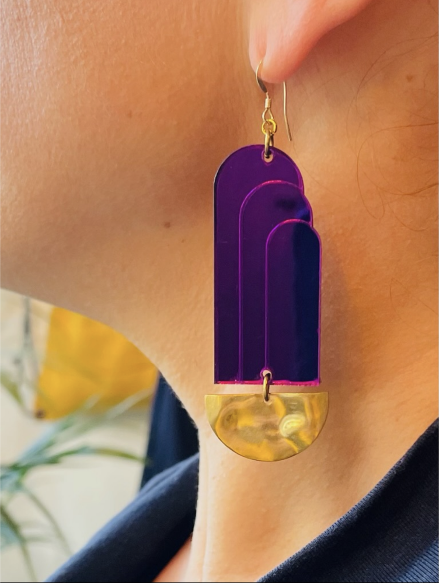 Beautiful Art Deco Purple foundation acrylic earrings with brass base